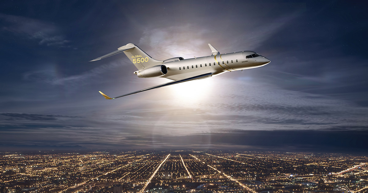 Global 5500 long range jet over Mexico at night for charter